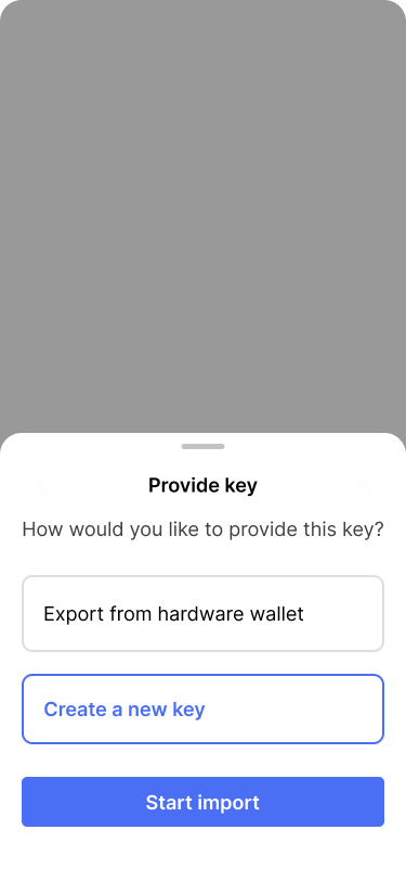 Screen showing the options to add a key from a hardware wallet or to create a new key.