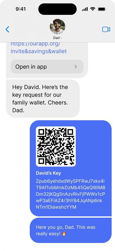 Screen showing a chat message with a QR code that contains David's public key.