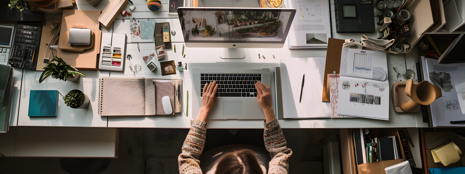 A women at her desk, filled with design tools