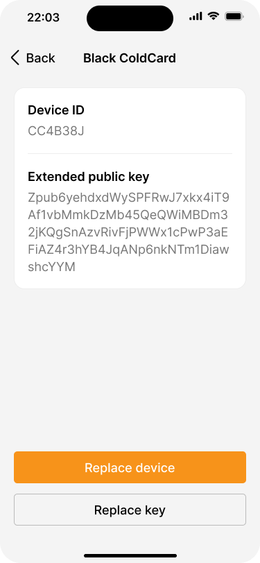 Detail screen of the Black ColdCard signing device. The user has the option to replace the device or to replace the signing key.